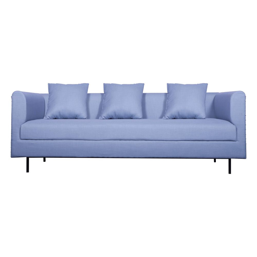 Sagwan wood upholstered sky blue fabric three seater sofa for living room