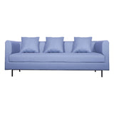 Sagwan wood upholstered sky blue fabric three seater sofa for living room