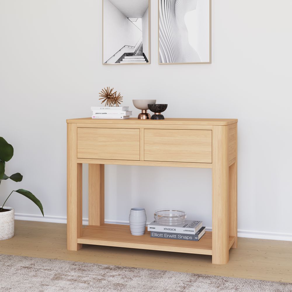 Console Unit With Two Drawer in Oak Wood Finish  Size Console Table