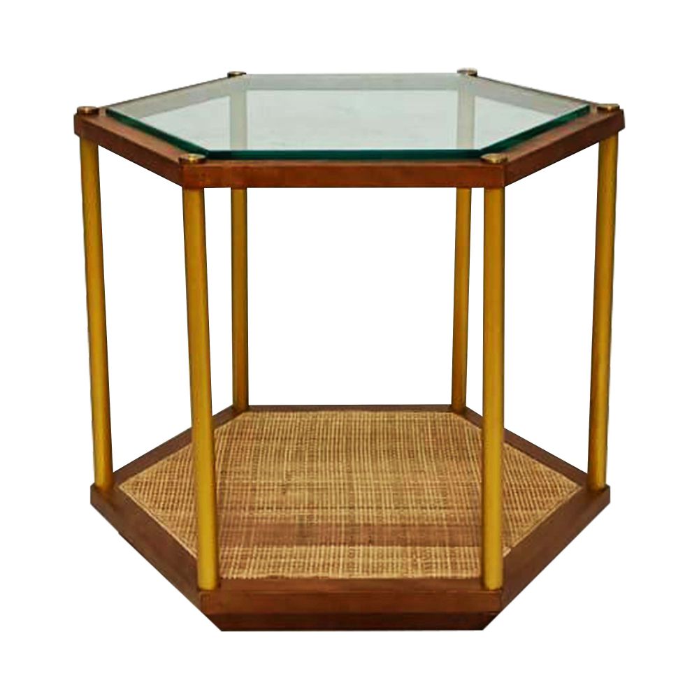 Coffee table in rattan cane with glass top sagwan wood