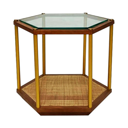 Coffee table in rattan cane with glass top sagwan wood