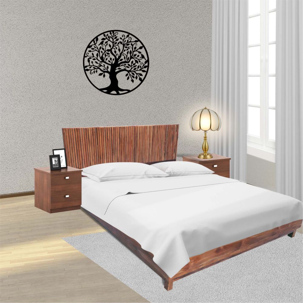 Wooden Bed Fluted Back (6X6 ft)  Natural Wood Walnut Finish