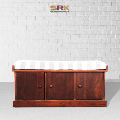 Sagwan Wood Entry Room Cabinet Shoe Rack With Cushion Walnut Finish Storage