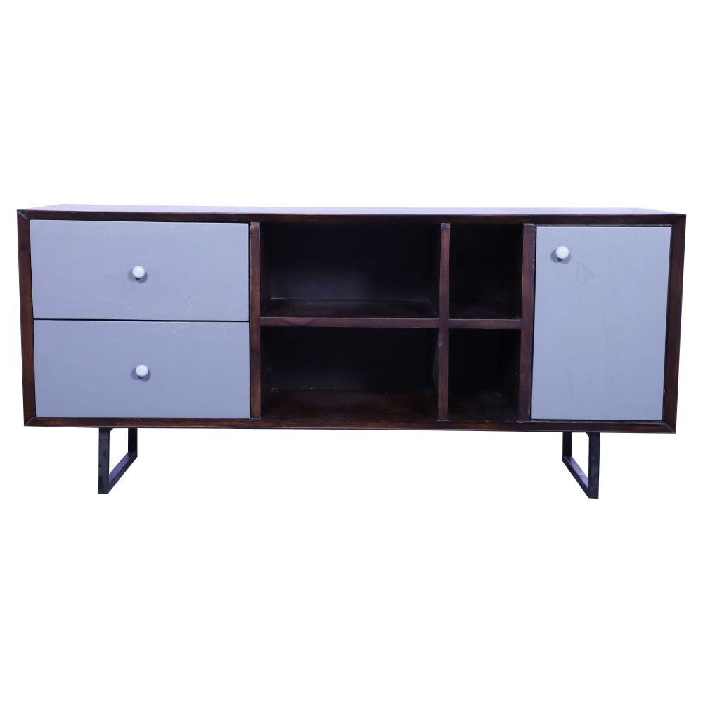 Sagwan wood tv table black finish metal frame chest of shutter and 2 drawers for living room