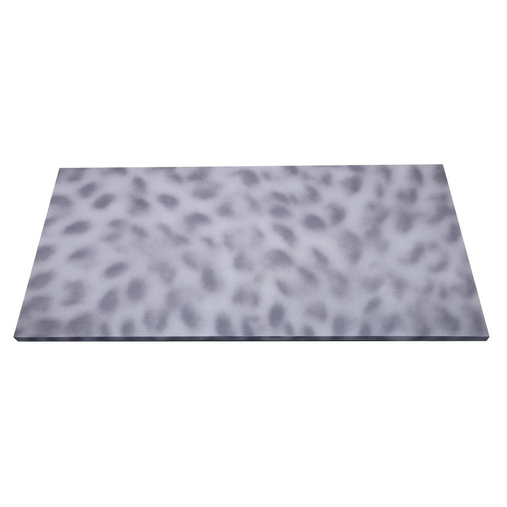 Contemporary dining table with terazzo look metal legs in sagwan gray distress on top