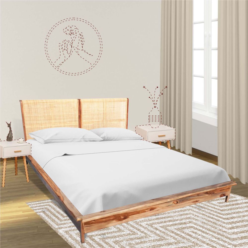 Sagwan Cane Rattan Wooden Bed in Queen Size (6X6 ft) Teak Finish