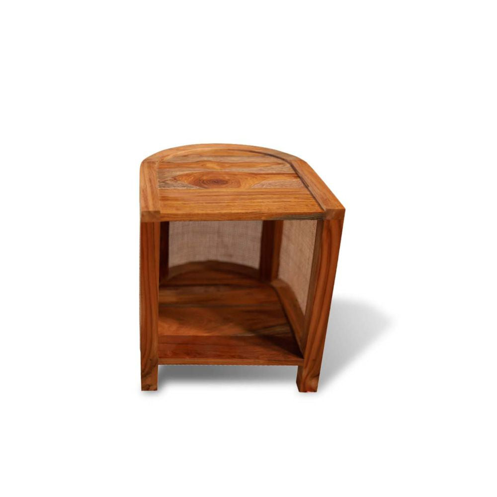 BEDSIDE TABLE HALF ROUND CURVED  SAGWAN WOOD RATTAN CANING WITH SHELF