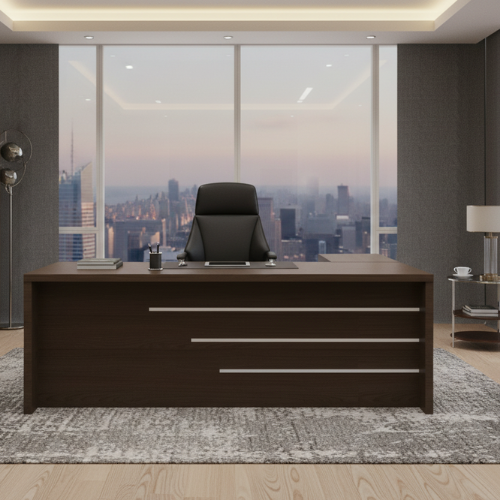 Classic Executive L-Shaped Desk – Walnut Finish with Metallic Detailing | SRK Modular Furniture Co.