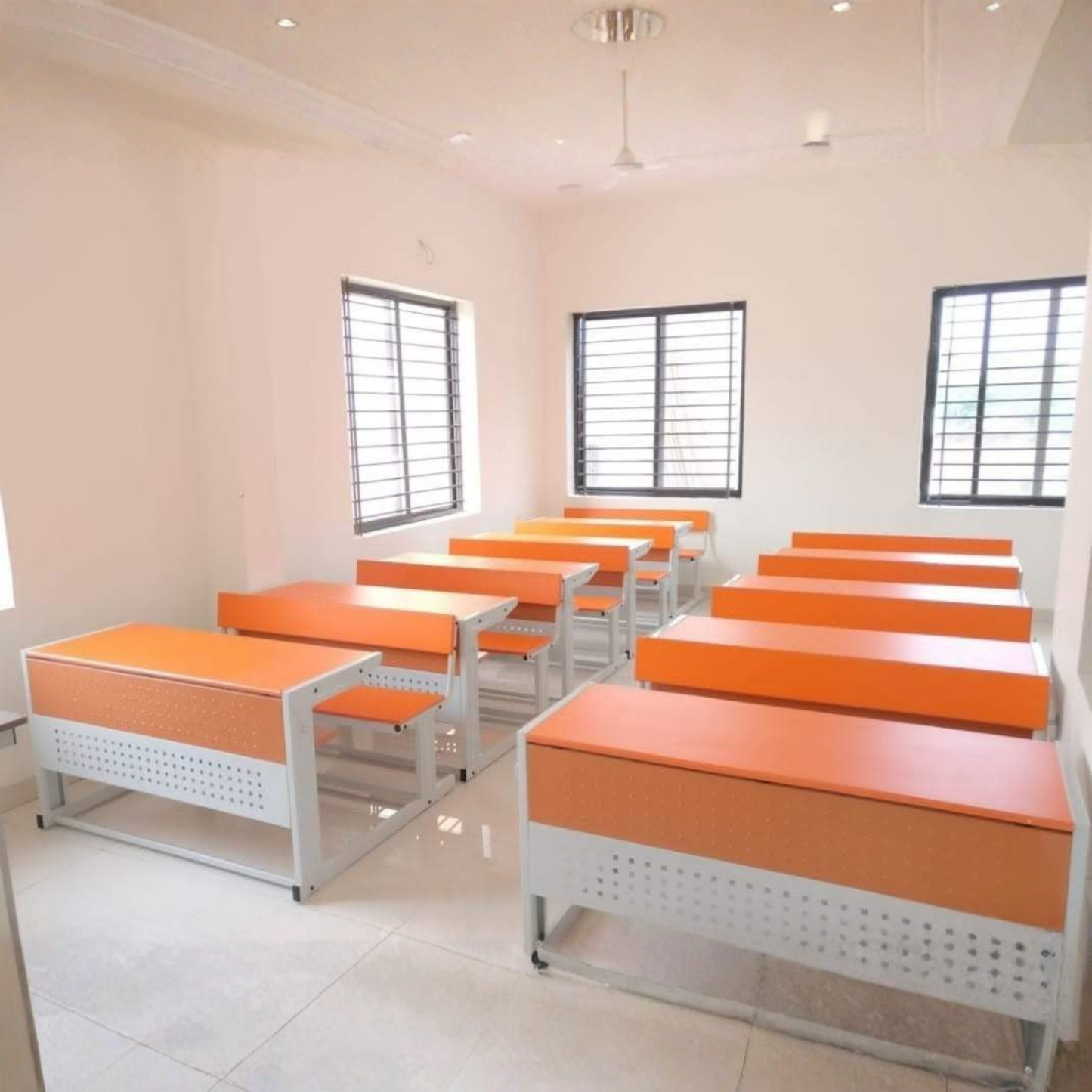 Dual Seater Modern Classroom Desk | Orange & White Metal Frame School Bench | SRK Modular Furniture