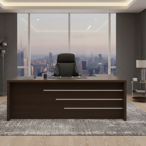 Classic Executive L-Shaped Desk – Walnut Finish with Metallic Detailing | SRK Modular Furniture Co.