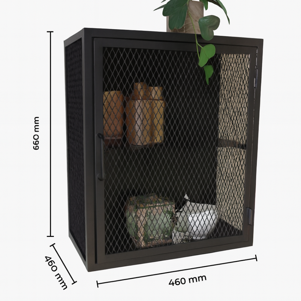 Industrial Metal Mesh Wall Cabinet | Black Steel Wall-Mounted Storage | SRK Modular Furniture