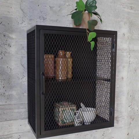 Industrial Metal Mesh Wall Cabinet | Black Steel Wall-Mounted Storage | SRK Modular Furniture