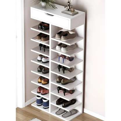 Modern 12-Tier Wooden Shoe Rack with Drawer | Space-Saving Organizer | Theom Living