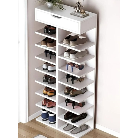 Modern 12-Tier Wooden Shoe Rack with Drawer | Space-Saving Organizer | Theom Living
