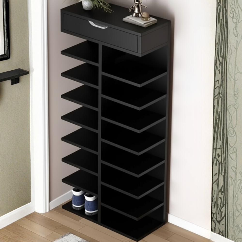 Modern 12-Tier Wooden Shoe Rack with Drawer | Space-Saving Organizer | Theom Living