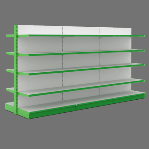 Double-Sided Supermarket Display Rack | 5-Tier Green Gondola Shelving Unit | SRK Modular Furniture