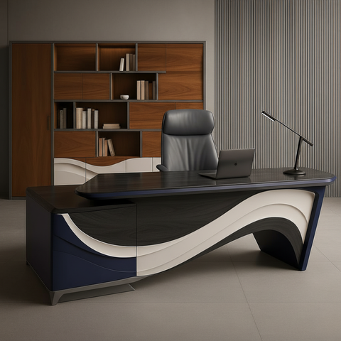 Premium Executive Office Desk | Wave Design Table with Gloss Finish & Storage | SRK Modular Furniture