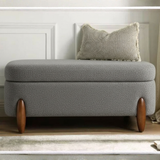 Bouclé Storage Ottoman Bench | Cream Upholstered Seating with Wooden Legs | Theom Living