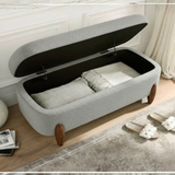 Bouclé Storage Ottoman Bench | Cream Upholstered Seating with Wooden Legs | Theom Living