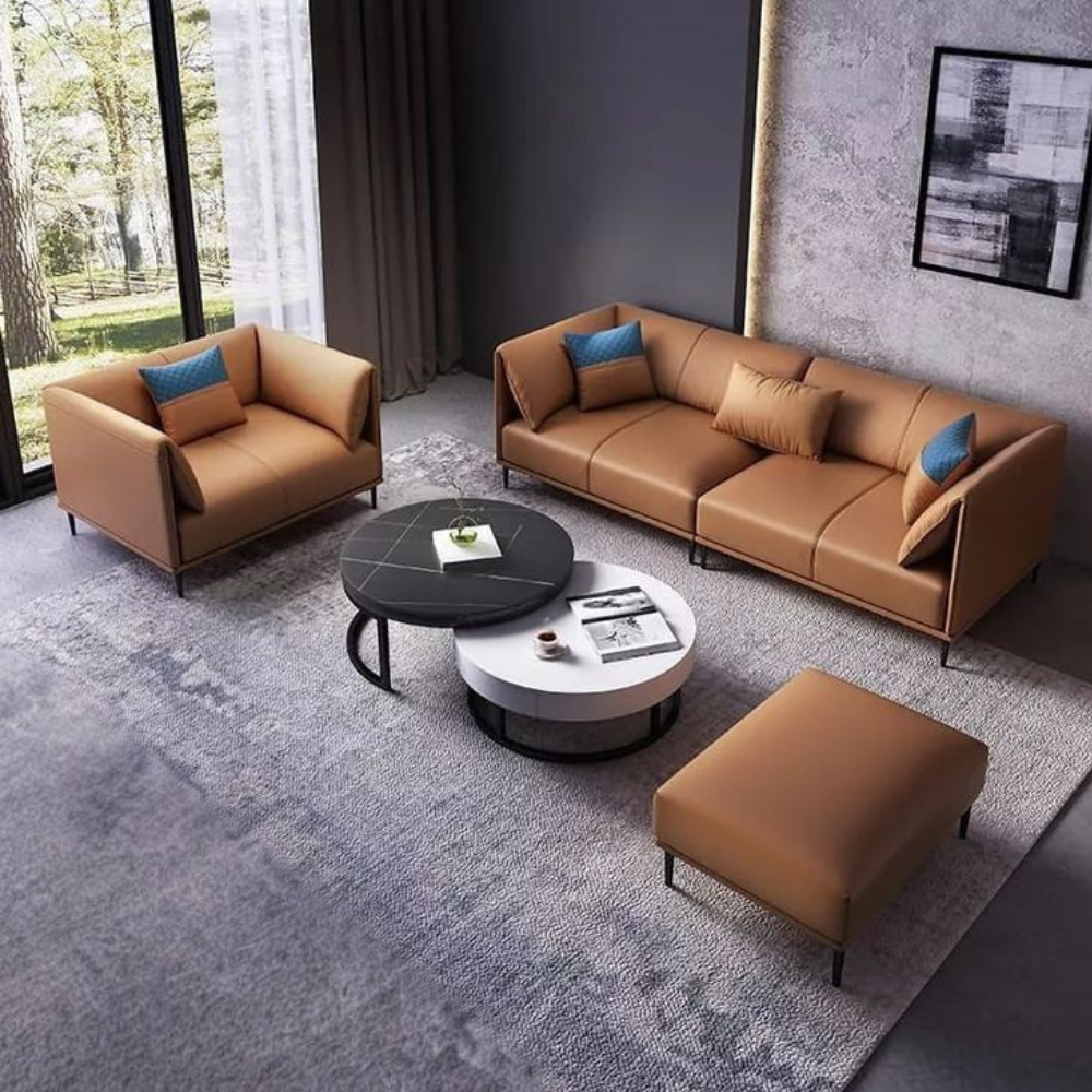 The Aurelio Elite Sofa Set | Premium White Leatherette 3+1+Ottoman with Round Center Table