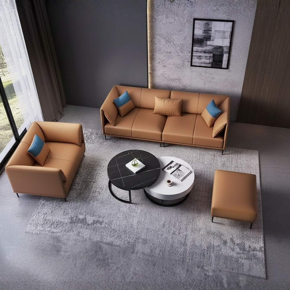 The Aurelio Elite Sofa Set | Premium White Leatherette 3+1+Ottoman with Round Center Table