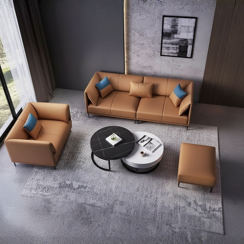 The Aurelio Elite Sofa Set | Premium White Leatherette 3+1+Ottoman with Round Center Table