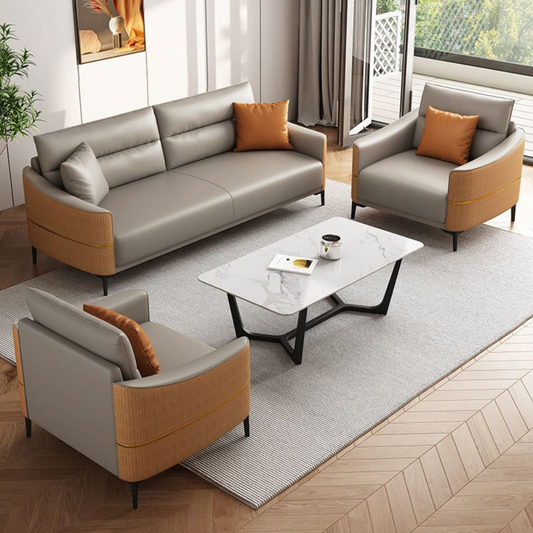 The “Aurelia Duo-Tone” Sofa Set | Premium Leatherette 3+1+1 Seater with Marble-Top Center Table