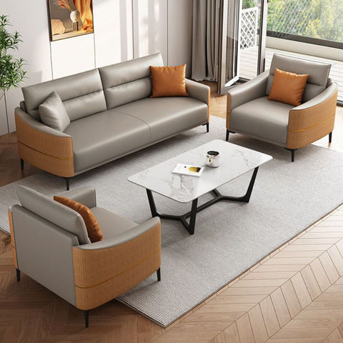 The “Aurelia Duo-Tone” Sofa Set | Premium Leatherette 3+1+1 Seater with Marble-Top Center Table