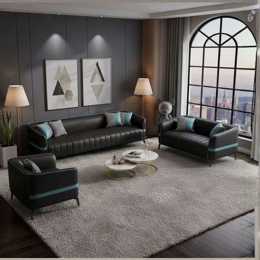 The “Ebon Luxe” Leather Sofa Set | Premium 3+2+1 Seater in Black with Teal Accents