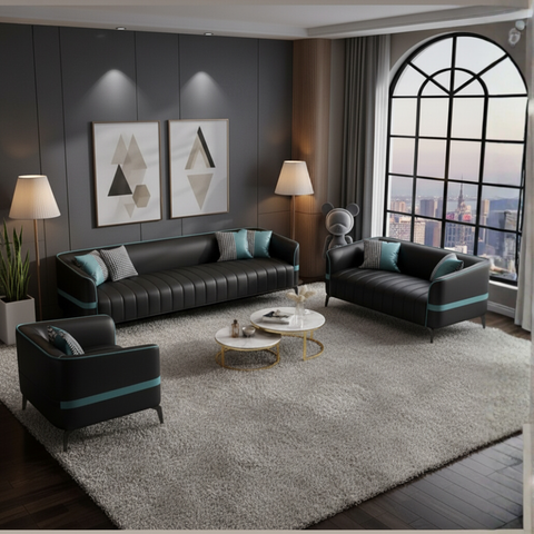 The “Ebon Luxe” Leather Sofa Set | Premium 3+2+1 Seater in Black with Teal Accents