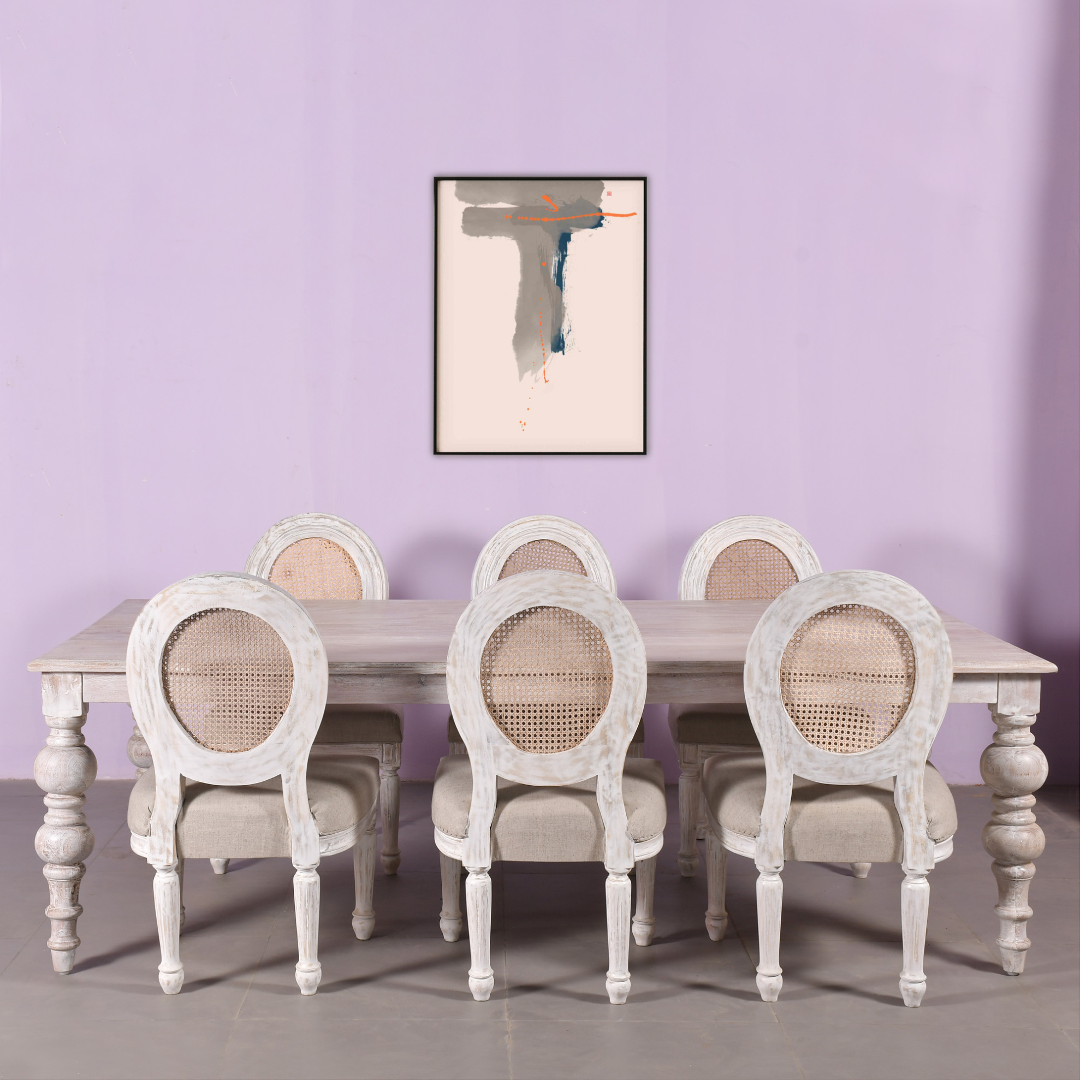 Elegant Distressed Wood Dining Table with Cane Back Chairs  6 Seater Set