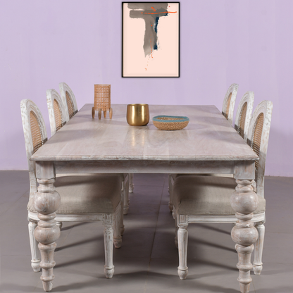 Elegant Distressed Wood Dining Table with Cane Back Chairs  6 Seater Set