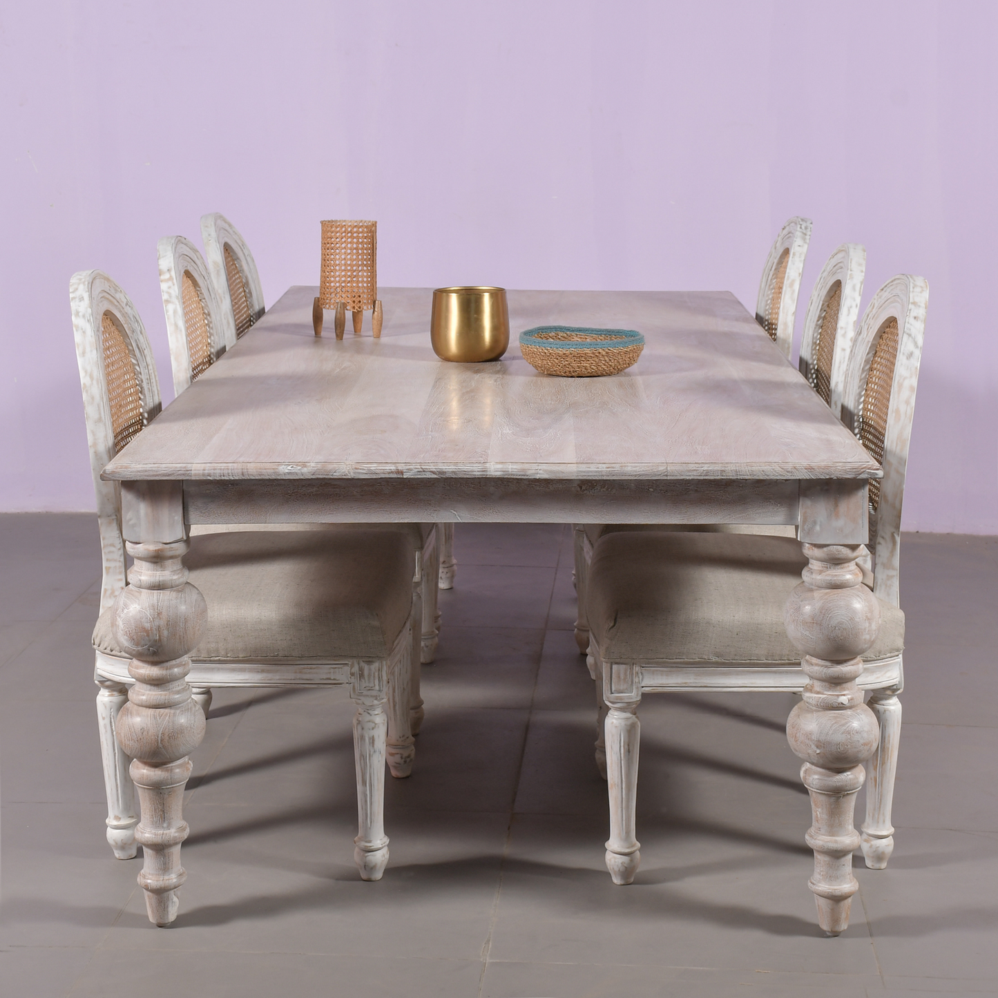 Elegant Distressed Wood Dining Table with Cane Back Chairs  6 Seater Set