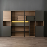 The Aethel Executive Wide Display & Storage Unit | Modern Bookcase with Integrated LED and Sliding Door | Dark Walnut Finish