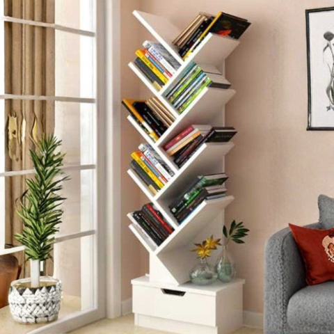 Tree-Style Floor Bookshelf with Drawer | Modern Corner Book Rack