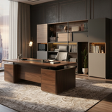 The Aethel Executive Wide Display & Storage Unit | Modern Bookcase with Integrated LED and Sliding Door | Dark Walnut Finish