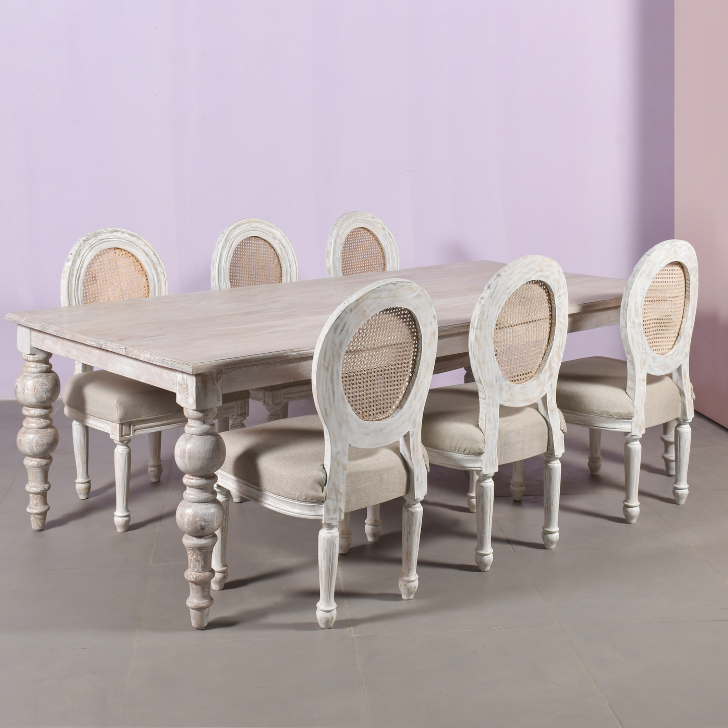 Elegant Distressed Wood Dining Table with Cane Back Chairs  6 Seater Set