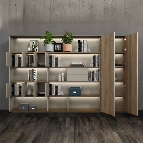The Zenith Executive Bookshelf with Integrated LED Lighting | Solid Wood Office & Living Room Display Cabinet