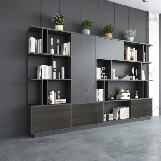 Executive Credenza & Bookcase with Premium Marble-Effect Accent - The 'Aura' Storage Unit