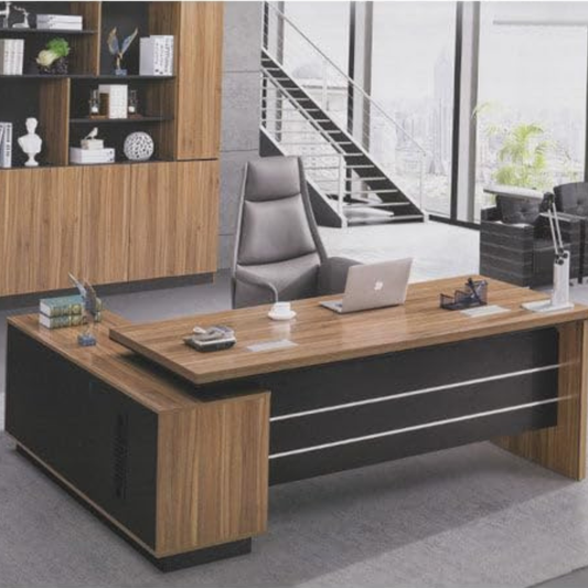 Executive L-Shaped Office Desk with Storage – Teak & Graphite Finish | SRK Modular Furniture Co.