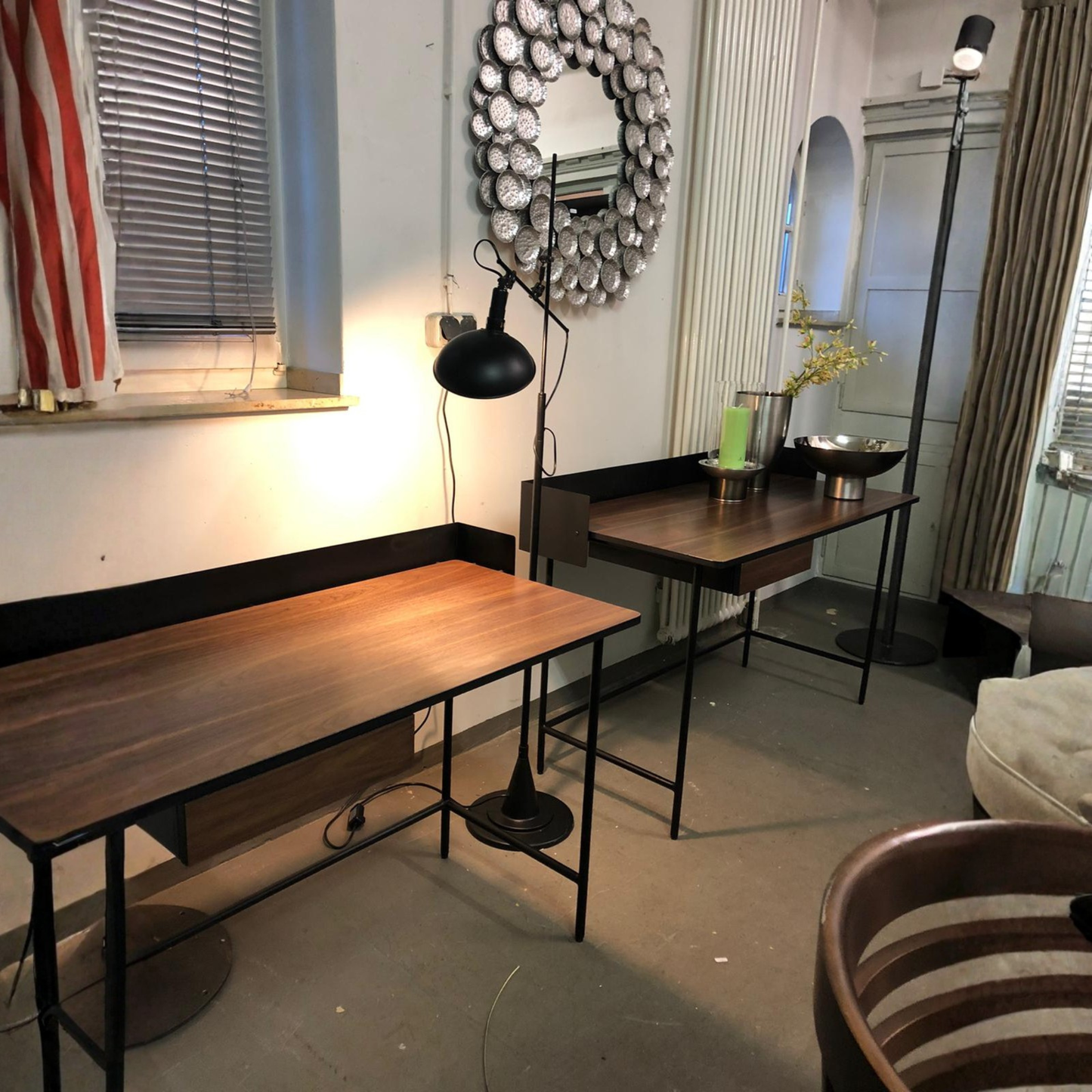 Modern Writing Desk with Drawer | Metal Frame & Walnut Top