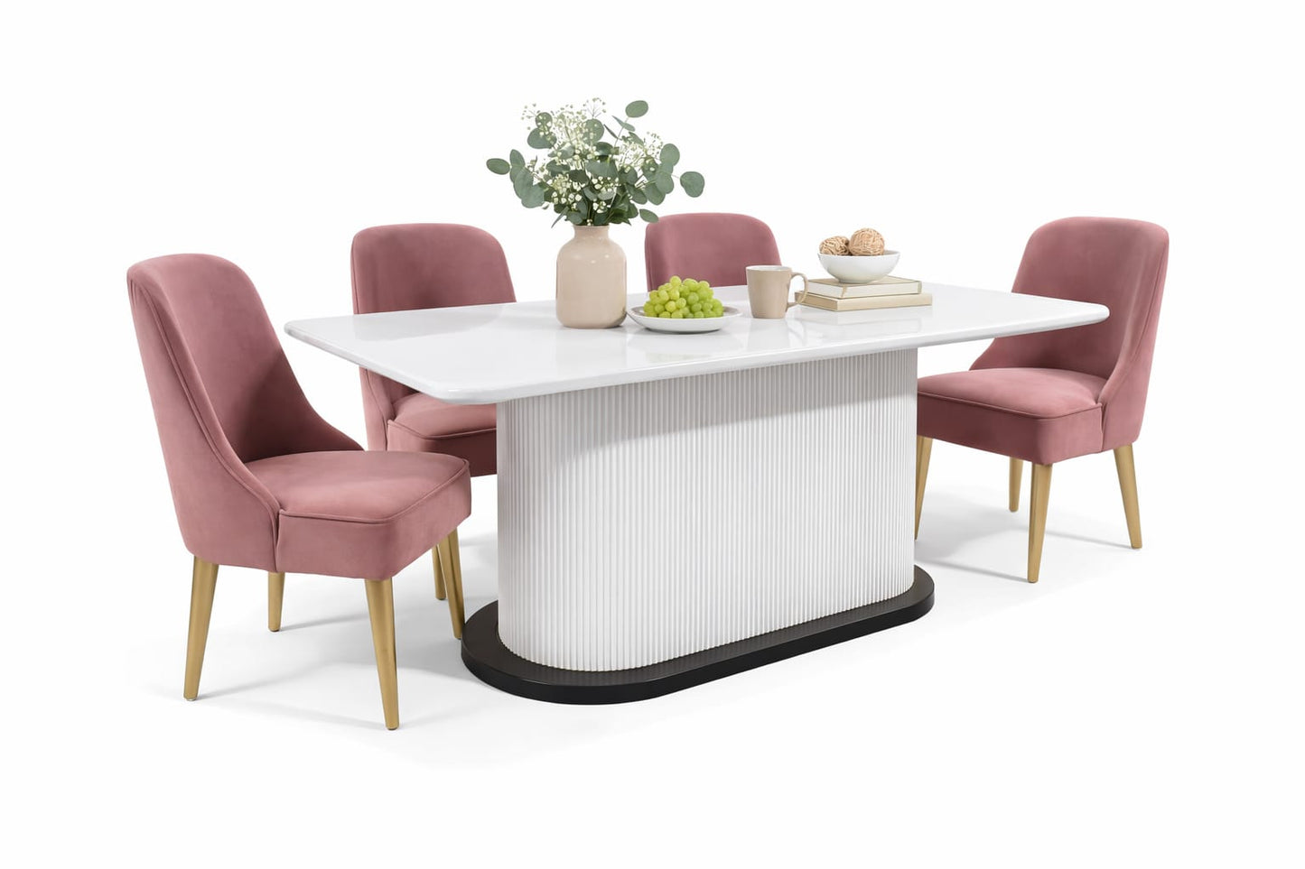 Modern Fluted Base Dining Table Set with Velvet Chairs – Luxury 4 Seater