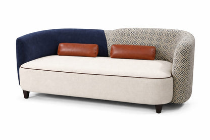 Modern Curved Designer Sofa with Dual Fabric Upholstery & Leather Accent Cushions