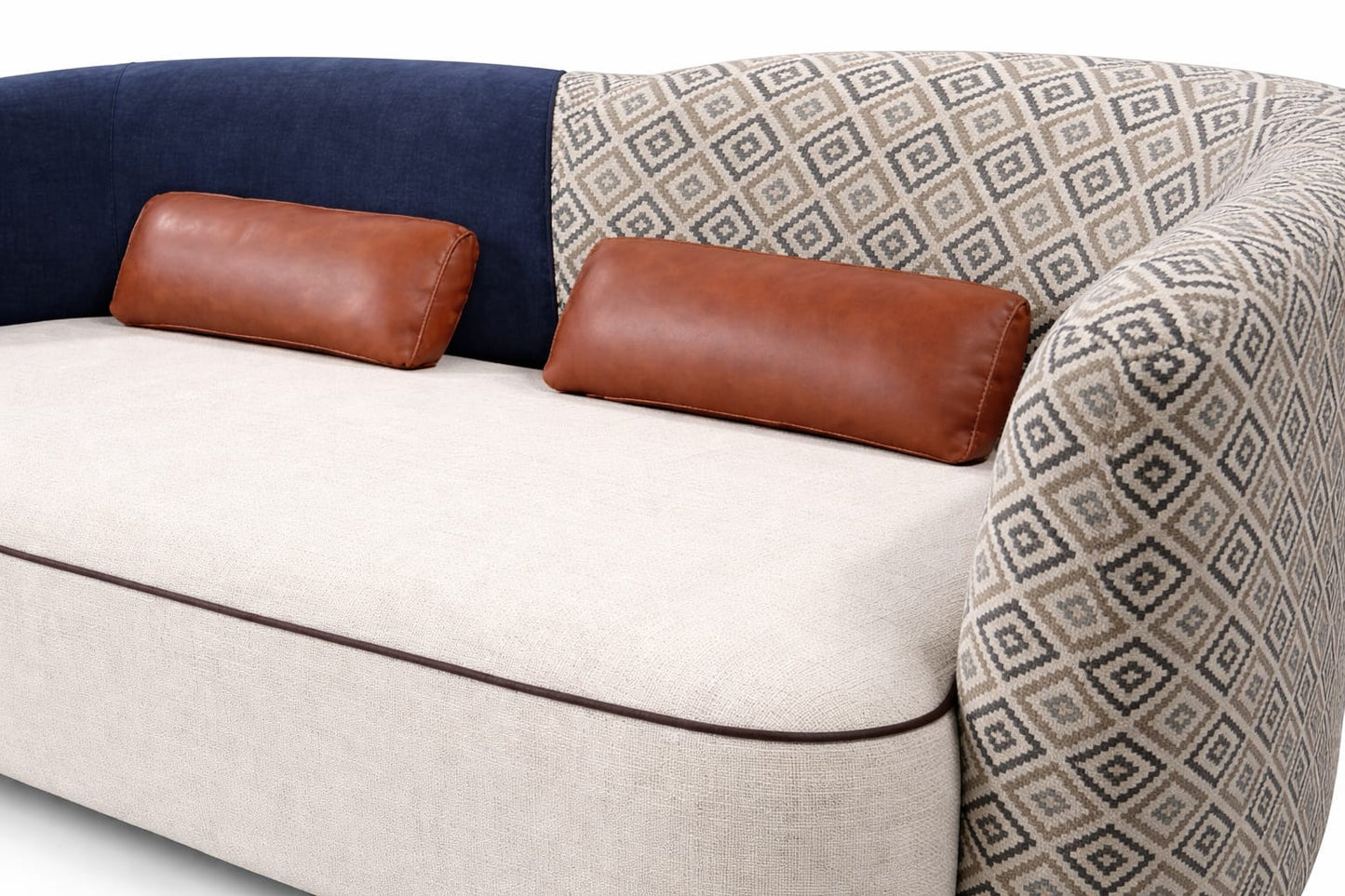 Modern Curved Designer Sofa with Dual Fabric Upholstery & Leather Accent Cushions