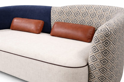 Modern Curved Designer Sofa with Dual Fabric Upholstery & Leather Accent Cushions