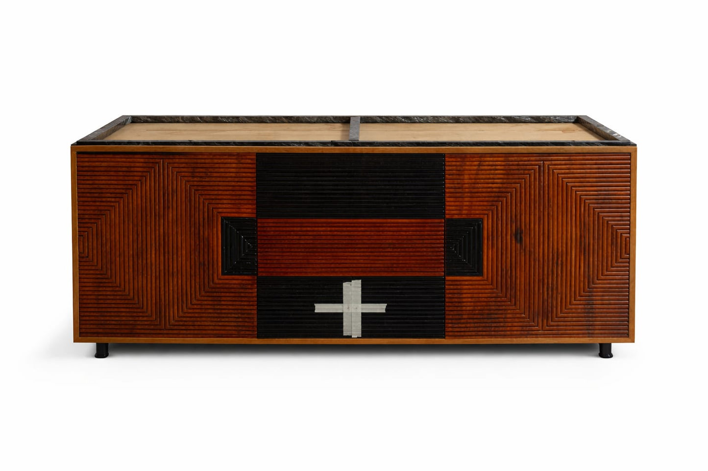 Geometric Inlay Wooden Sideboard with Dual-Tone Finish & Marble-Top Frame