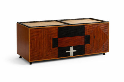 Geometric Inlay Wooden Sideboard with Dual-Tone Finish & Marble-Top Frame