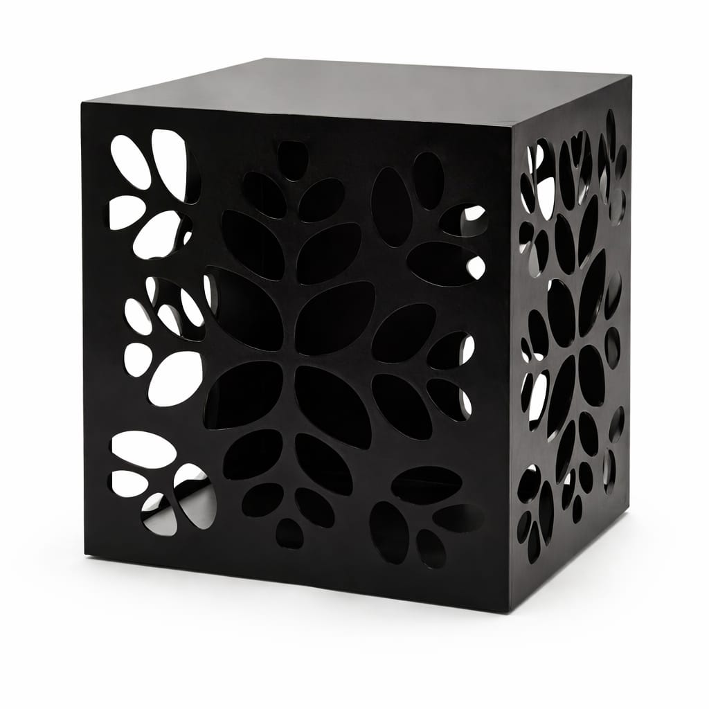Modern Laser-Cut Metal Side Table with Organic Leaf Pattern – Matte Black Finish