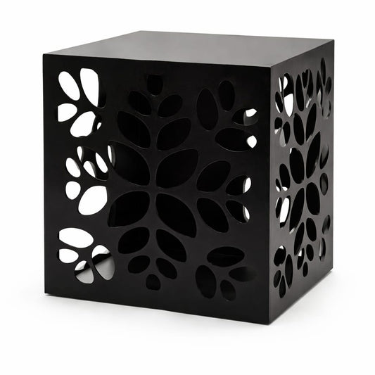 Modern Laser-Cut Metal Side Table with Organic Leaf Pattern – Matte Black Finish