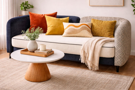 Modern Curved Designer Sofa with Dual Fabric Upholstery & Leather Accent Cushions